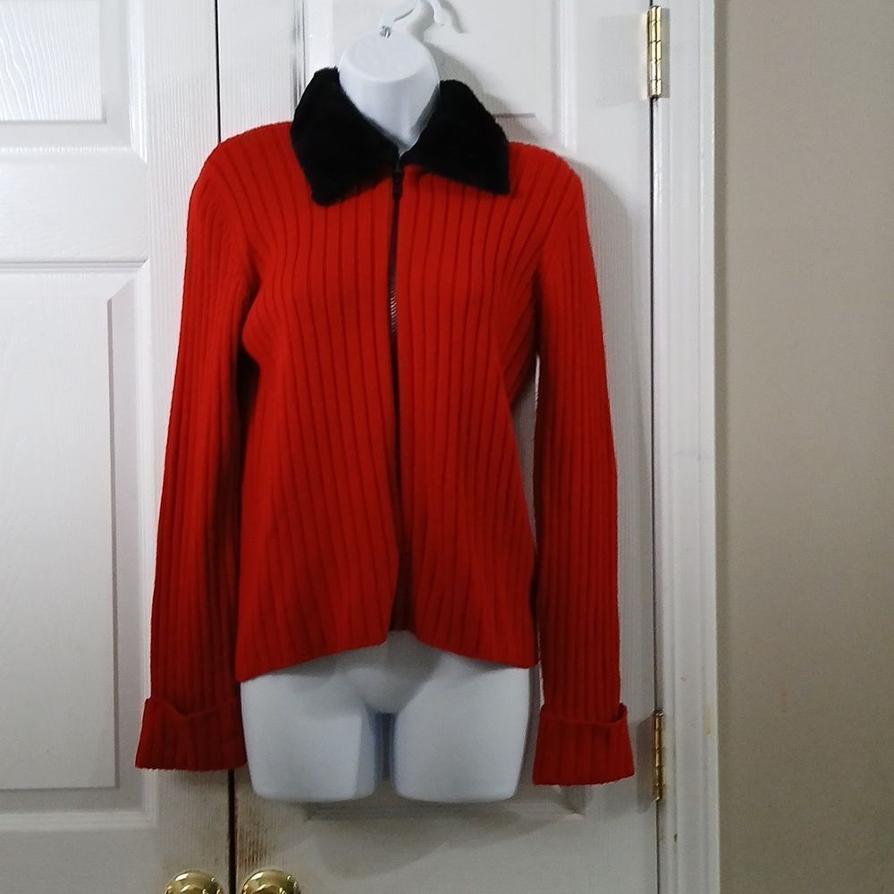 Nina Charles vintage red sweater jacket faux fur trim collar wool blend Sz S EUC